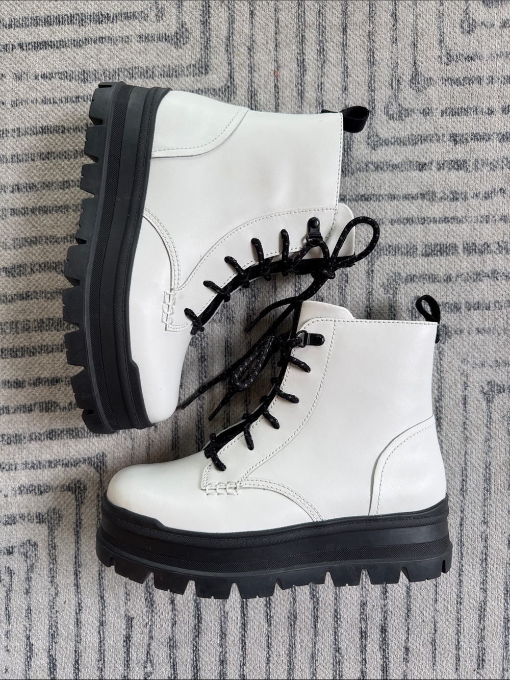 UGG White Lace-Up Platform Combat Boots with Black Sole